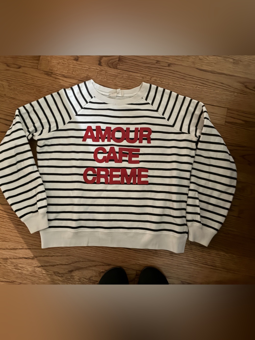 Sezane White & Black Striped Sweatshirt with Red 'AMOUR CAFE CREME'